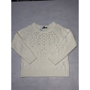 NWT WHBM Off White Pearl Embellished Cable Knit Sweater Size Medium